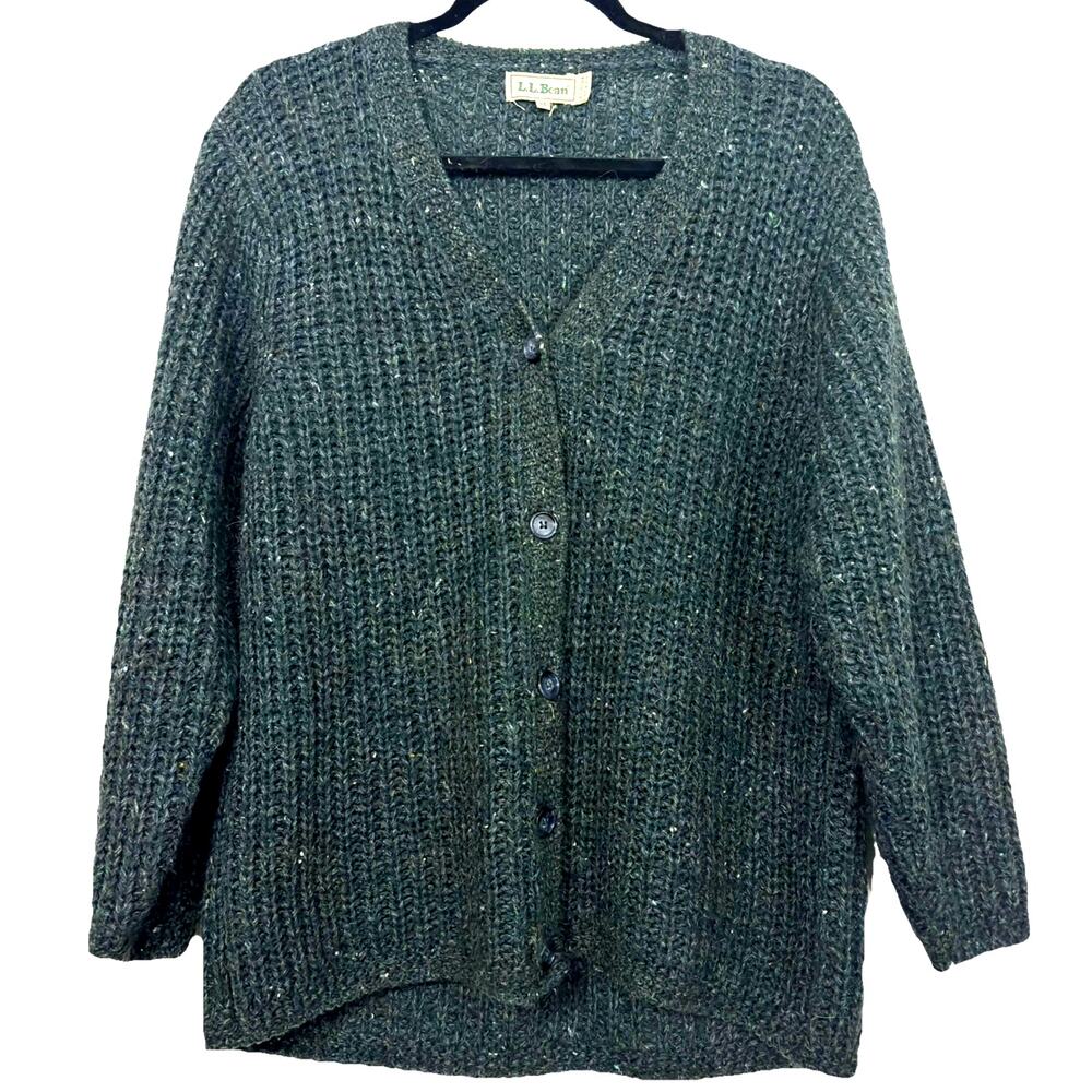 VTG LL Bean Alpaca Wool Blue Green Sweater Cardi Chunky Knit Button V Neck Italy